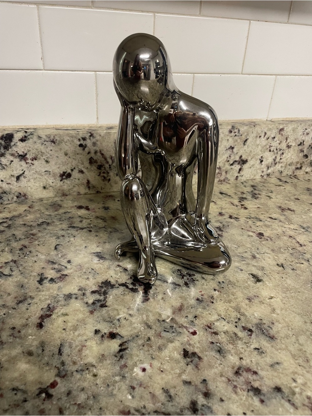 “Pensive Thinking" figurine reflective chrome mirror finish sculpture silver Dec